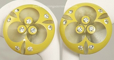 Very Cool Yellow Enamel on Plastic Button Earrings with Rhinestones