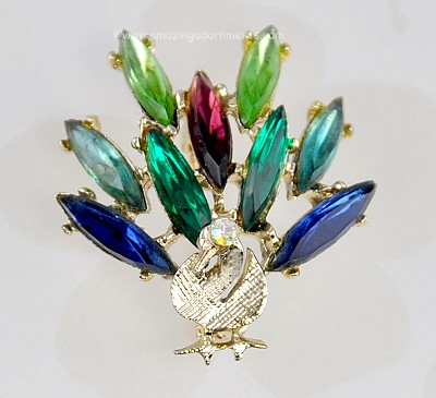 Tantalizing Multi- colored Rhinestone Turkey or Peacock Brooch Signed DODDS