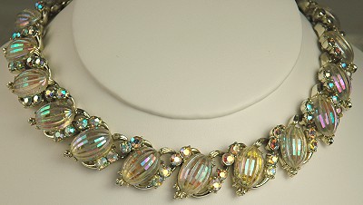 Vintage CORO Ribbed Glass and Aurora Borealis Rhinestone Necklace