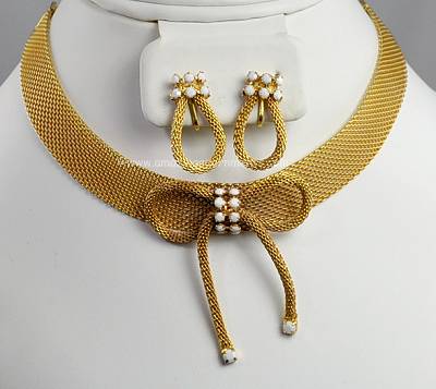 Vintage Mesh and White Glass Bow Necklace and Earring Set Signed ALICE CAVINESS