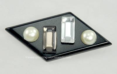 Fabulous Deco Look Brooch with Faux Pearls and Lucite Stones