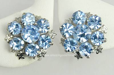 Sparkling Vintage Sapphire Blue Rhinestone Flower Earrings