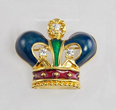 Majestic Open Metal Work Enamel and Rhinestone Crown Brooch