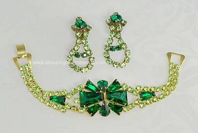 Scintillating Unsigned Green Rhinestone Bracelet and Earring Demi- parure