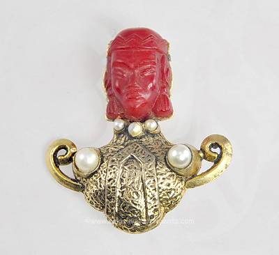 Vintage HAR Look Red Faced Oriental Genie Brooch with Faux Pearls