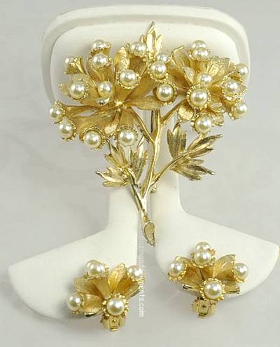 Very Dimensional Vintage Floral Set with Faux Pearls Signed HAR~ BOOK PIECE