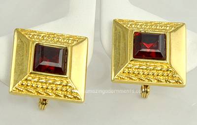 Totally 1980s Geometric Clip Earrings with Ruby Red Glass Signed MONET