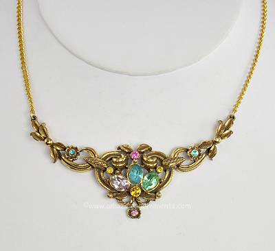 Wonderful Vintage Multi- colored Rhinestone Centerpiece Necklace