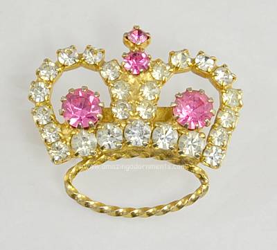 Noble Vintage Pink and Clear Rhinestone Crown Pin