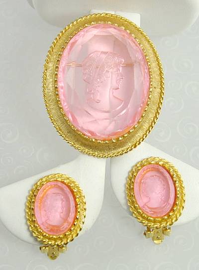 Magnificent Vintage Pink Glass Intaglio Brooch and Earring Set
