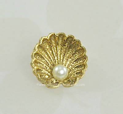 Tiny Vintage Golden Shell Pin with Faux Pearl