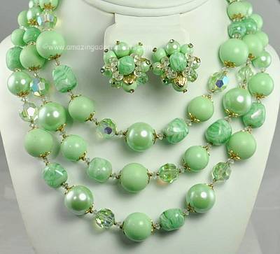 Gorgeous Vintage Shades of Green Mixed Bead Necklace and Earring Set Signed VENDOME