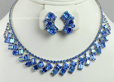 Glamorous Vintage Blue Rhinestone Necklace and Earring Demi- parure Signed WEISS
