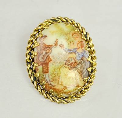 Romantic Vintage Painted Porcelain Pin Signed WEST GERMANY