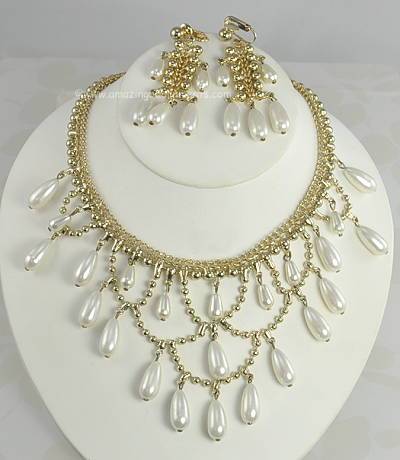 Ladylike Vintage Signed HOBE Faux Pearl Festoon Necklace and Earring Set