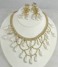 Ladylike Vintage Signed HOBE Faux Pearl Festoon Necklace and Earring Set