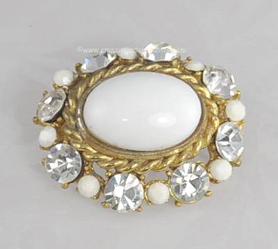 Splendid Vintage Domed White Cabochon and Clear Rhinestone Brooch