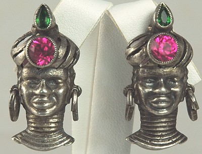 Vintage Tribal Ethnic Blackamoor Earrings Set with Rhinestones