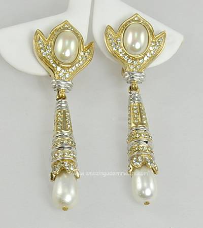 Decadent Faux Pearl and Rhinestone Pendant Drop Earrings Signed N.L.H.