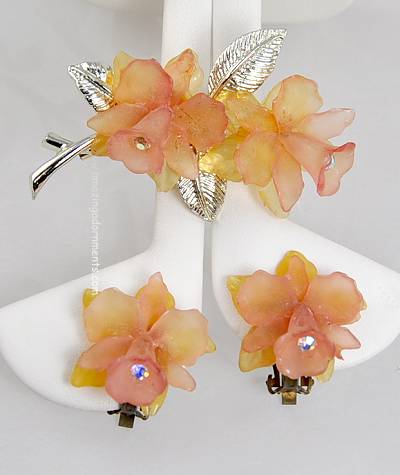 Delicate Vintage Pink and Orange Plastic Lily Flower Brooch and Earring Set