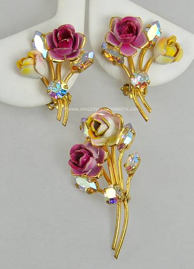 Delightful Vintage Enamel and Pastel Rhinestone Rose Brooch and Earring Set