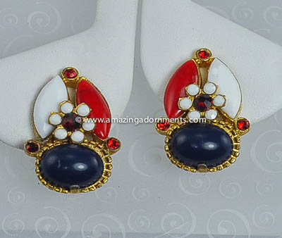 Vintage Red, White and Blue Patriotic or Nautical Flower Earrings