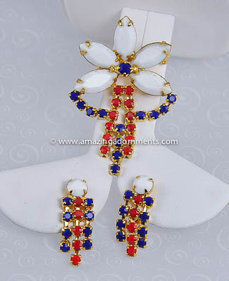Patriotic Vintage Glass and Rhinestone Brooch and Earring Set