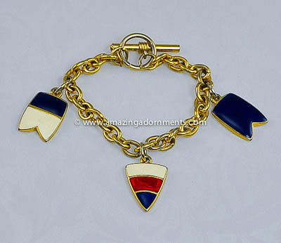 Contemporary Signed TRIFARI Enamel Patriotic Flag Charm Bracelet