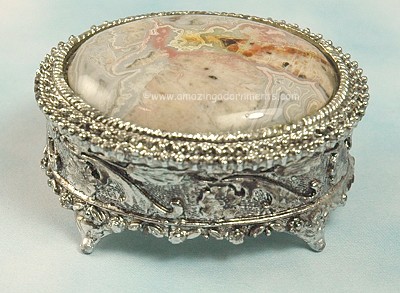 Intricately Detailed Agate Look Topped Footed Trinket Box Signed FLORENZA