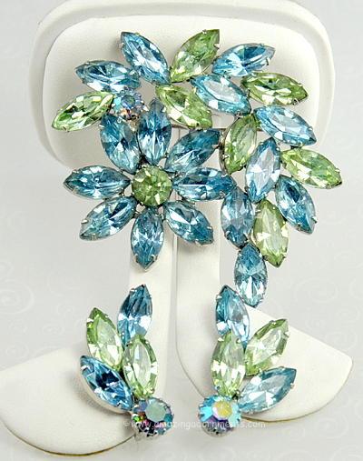 Radiant Vintage Blue and Green Rhinestone Floral Demi- parure