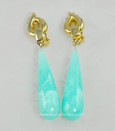 Fantastic Unsigned Clip Earrings with Light Tiffany Blue Tapered Drop