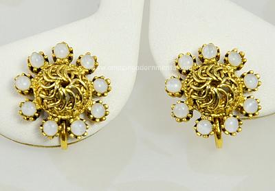 Stylish Vintage Pierced Golden Ball and White Glass Floral Earrings