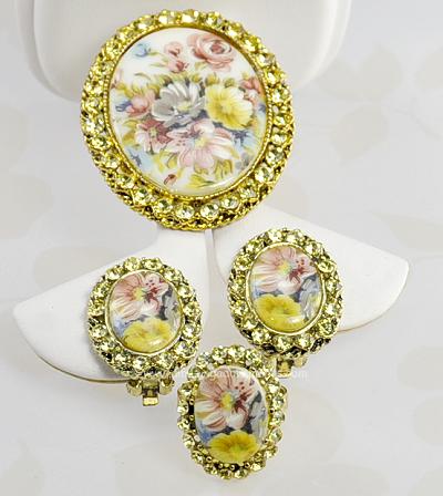 Vintage Colorful Flowers on Porcelain with Jonquil Rhinestones Three Piece Parure