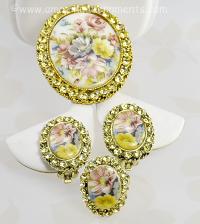 Vintage Colorful Flowers on Porcelain with Jonquil Rhinestones Three Piece Parure