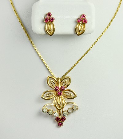 Graceful Vintage Pink and Clear Rhinestone Flower Necklace and Earring Set