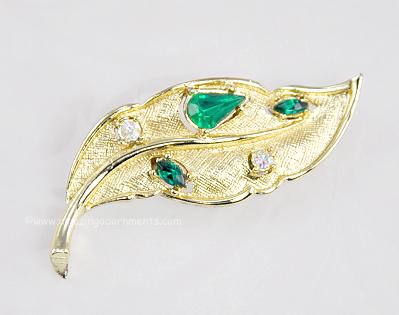 Lovely Textured Leaf Figural Pin with Green and Aurora Borealis Rhinestones