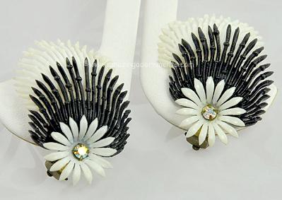 Funky Old Black and White Fringy Plastic Earrings Signed GERMANY