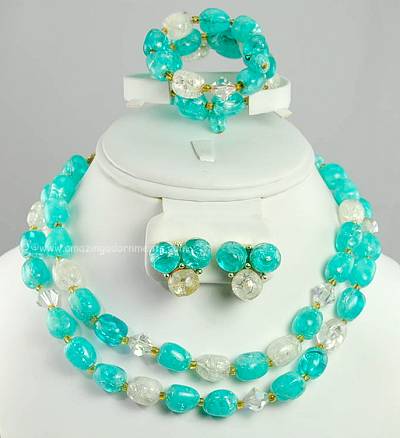 Radiant Vintage Three Piece Aqua and Clear Crackle Bead Set Signed LISNER