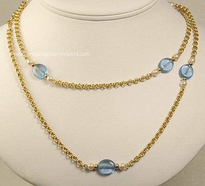Long Single Strand Necklace with Faux Pearls and Blue Glass Signed AVON