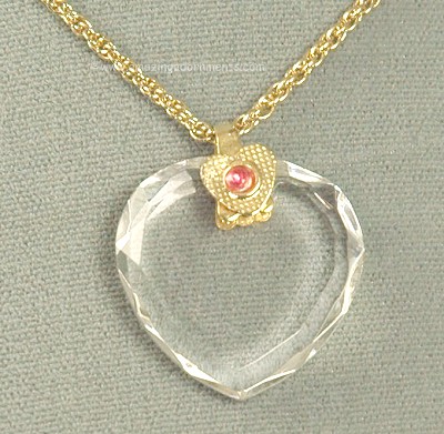 Pretty Glass Valentine Heart Necklace with Pink Stone and Beveled Edges