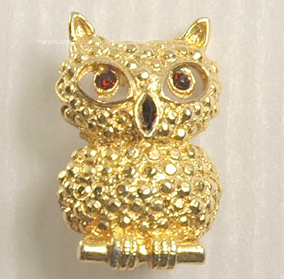 Teeny Tiny Vintage Textured Owl Pin with Ruby Rhinestones