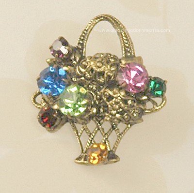 Adorable Vintage Flower Basket Pin with Multi- colored Rhinestones