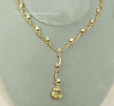 Elegant Vine Necklace with Rhinestones and Faceted Glass Drop