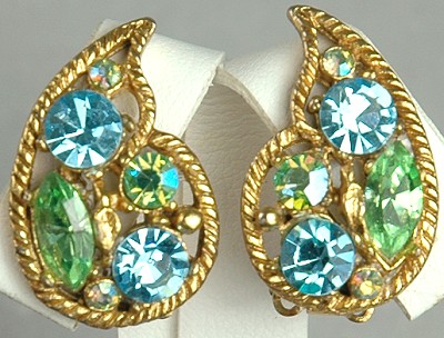 Vintage Blue and Green Rhinestone Earrings