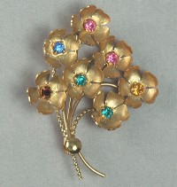 Delightful Small Gold Filled Floral Bouquet Pin with Rhinestone Centers
