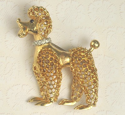 Signed JOMAZ Poodle Figural with Pave Rhinestone Collar and Black Stone Eye