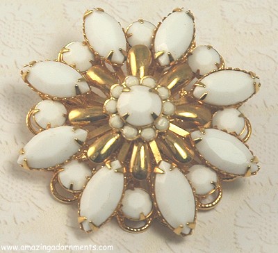 Pretty Tiered White Glass on Filigree Brooch