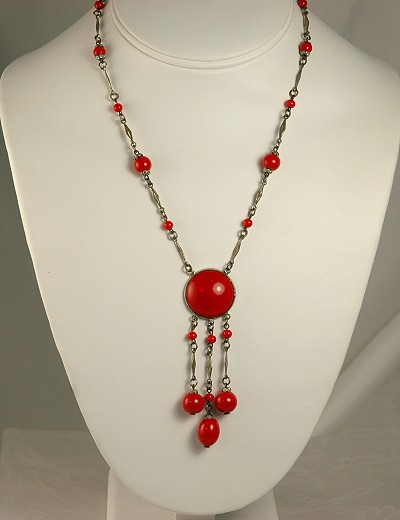 Red Glass ART DECO Lariat Style Necklace