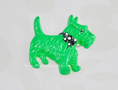 Dapper Vintage Celluloid Scottie Dog Figural Pin with Polka Dot Bow Tie