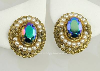 Intense Vintage Unsigned Blue Rhinestone Earrings with Faux Pearls
